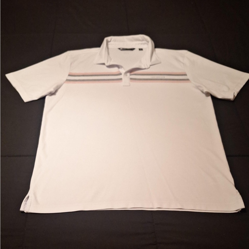 Travis Mathew Striped Polo Shirt White Short Sleeve Button Collar L Men